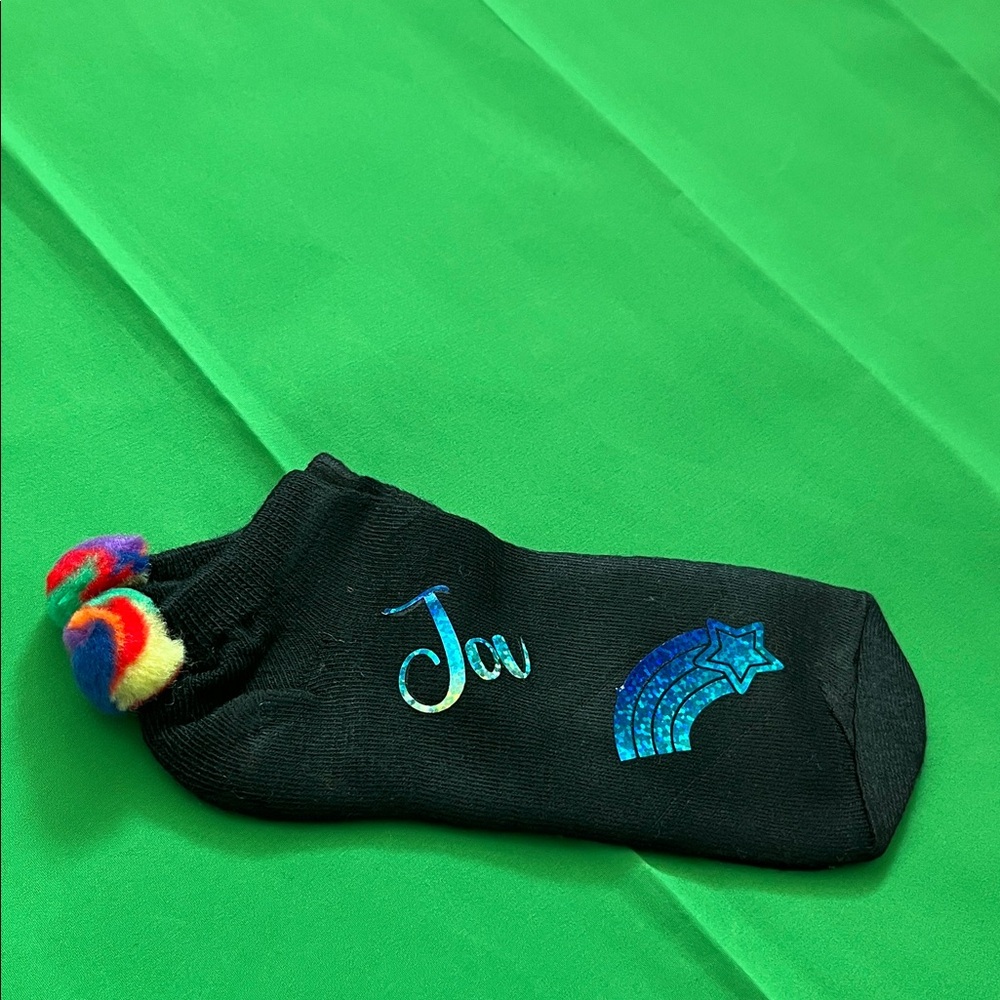 Black Custom Ankle Sock with Rainbow Pom-Pom and Blue Star Design